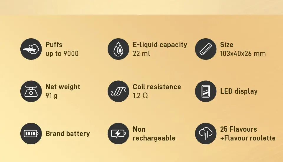 ALIBARBAR INGOT 9000 specs: up to 9000 puffs, 22ml e-liquid, 1.2 ohm coil, LED display